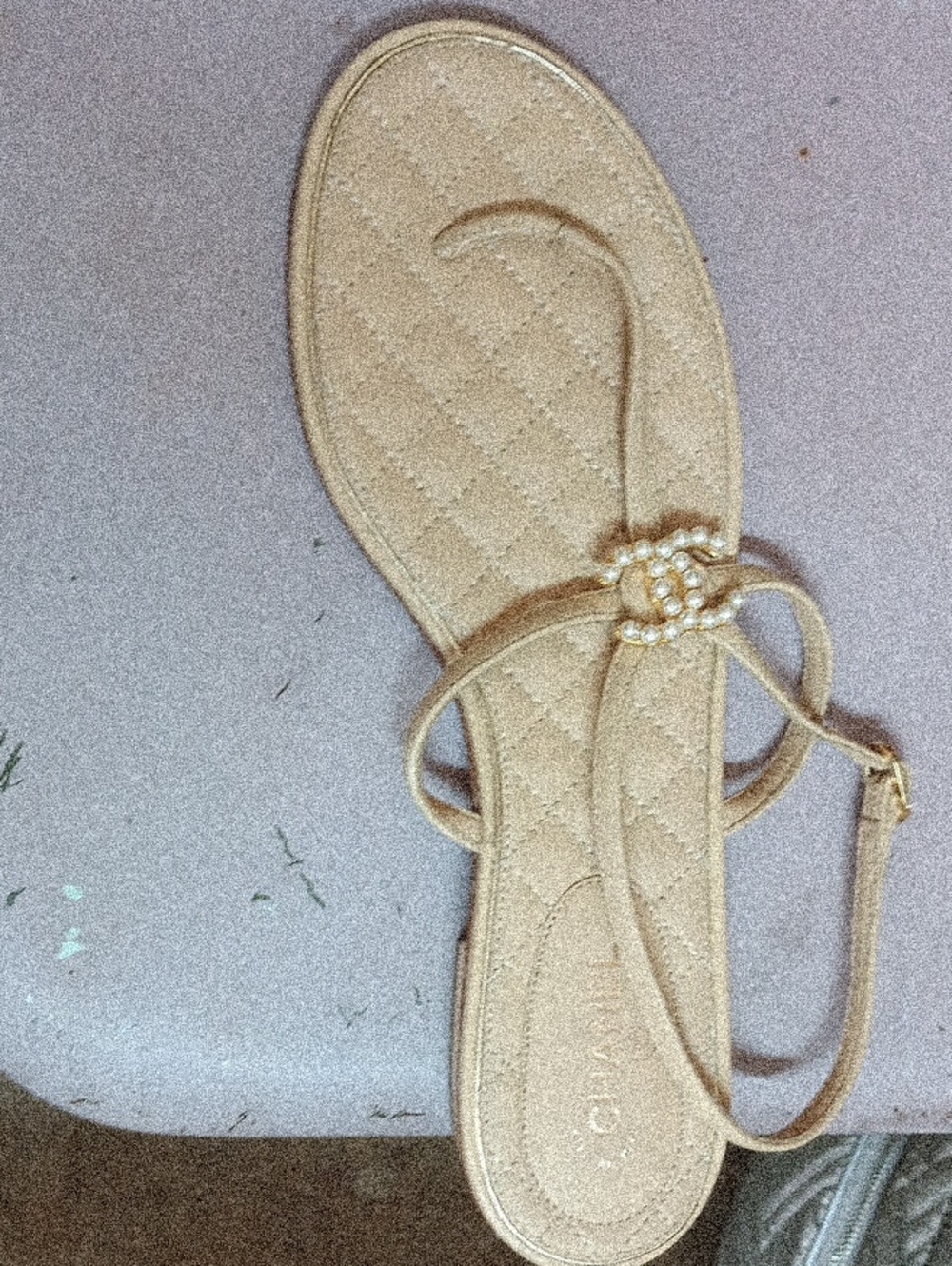 CHANEL Tan Pearl-Embellished Flat Sandals